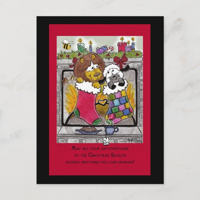 Lion and Lamb Wait for Santa Holiday Postcard (Front)