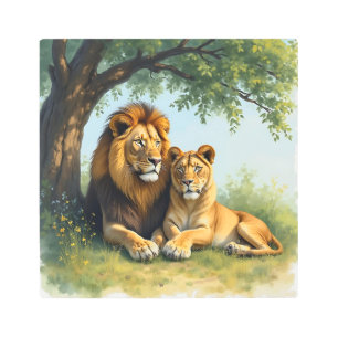 Lion and Lioness Under a Tree Metal Print