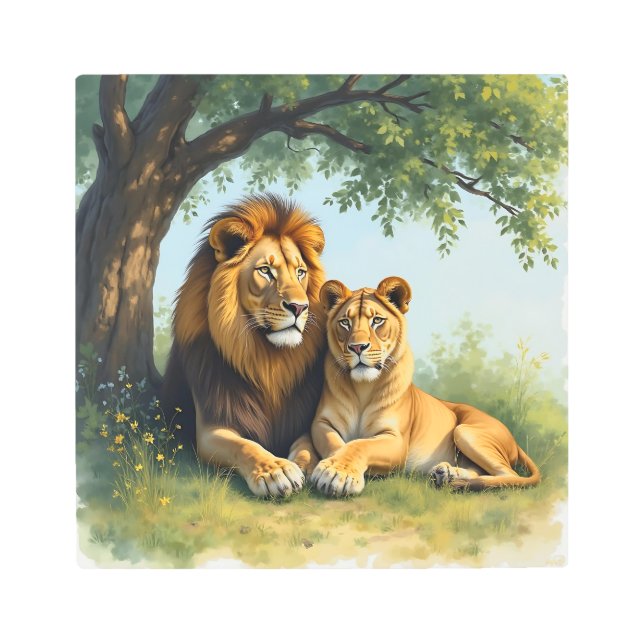 Lion and Lioness Under a Tree Metal Print (Front)