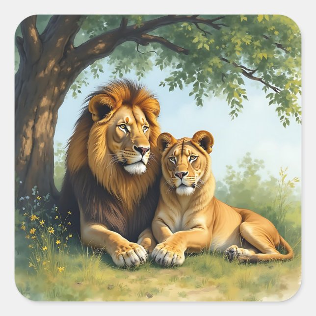 Lion and Lioness Under a Tree Square Sticker (Front)