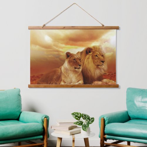 Lion and Lioness Wood Topped Wall Tapestry 