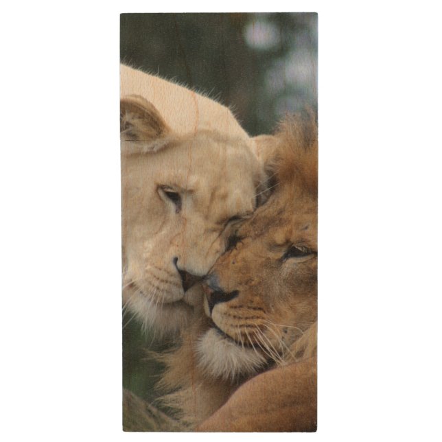 Lion and Lioness Wood USB Flash Drive (Front Vertical)