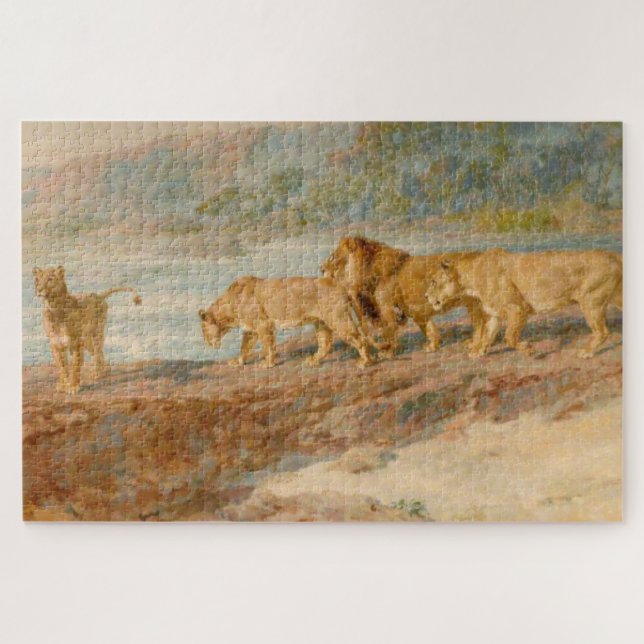 Lion and Lionesses on the Bank of an African River Jigsaw Puzzle (Horizontal)