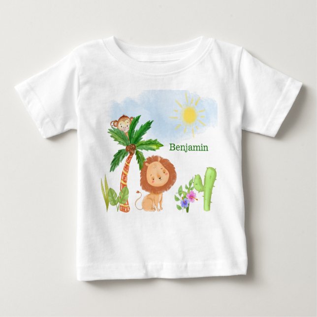 Lion and Monkey in Cute Jungle Scene Baby T-Shirt (Front)