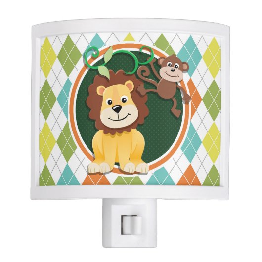 Lion and Monkey on Colorful Argyle Pattern Night Light (Front)