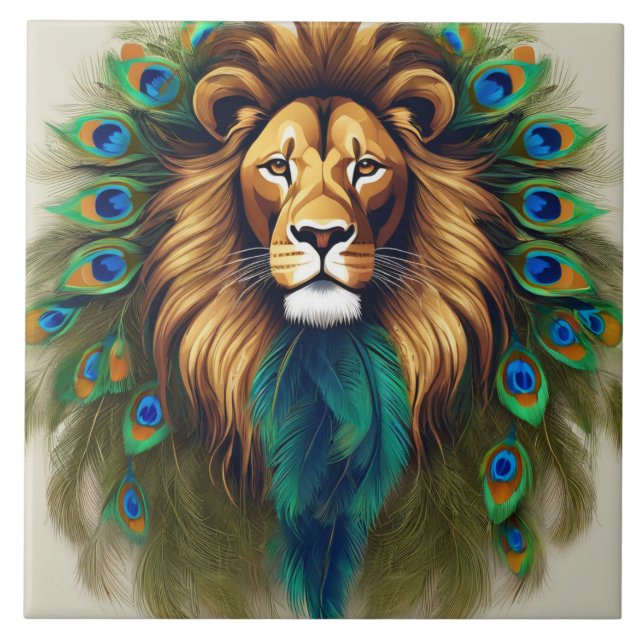 Lion and Peacock Feathers Ceramic Tile (Front)
