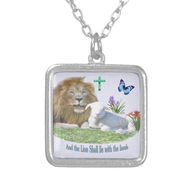 Lion and the lamb Bible verse Silver Plated Necklace (Front)