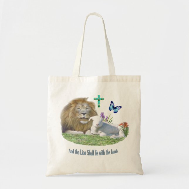 Lion and the lamb Bible verse Tote Bag (Front)