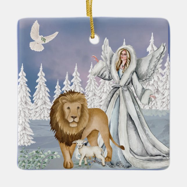 Lion and the Lamb with Angel Ceramic Ornament (Front)