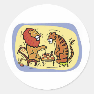 Lion and Tiger Playing Chess Classic Round Sticker