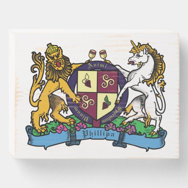 Lion and Unicorn Rampant Wine Coat of Arms Wooden Box Sign (Front Horizontal)