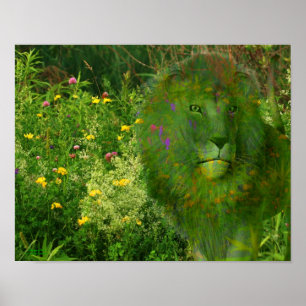 Lion And Wildflowers Abstract Fantasy Art Poster