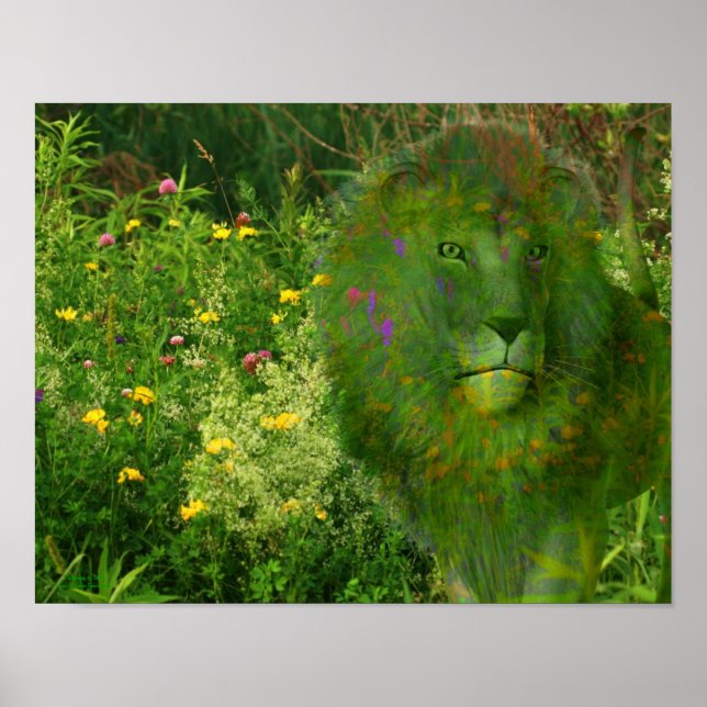 Lion And Wildflowers Abstract Fantasy Art  Poster (Front)