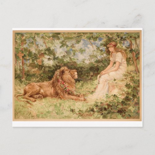 Lion and young girl postcard