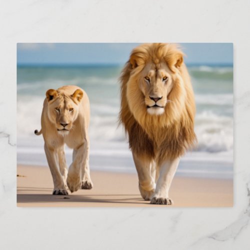 Lion Animal Family Wandering Nature Out Foil Holiday Postcard