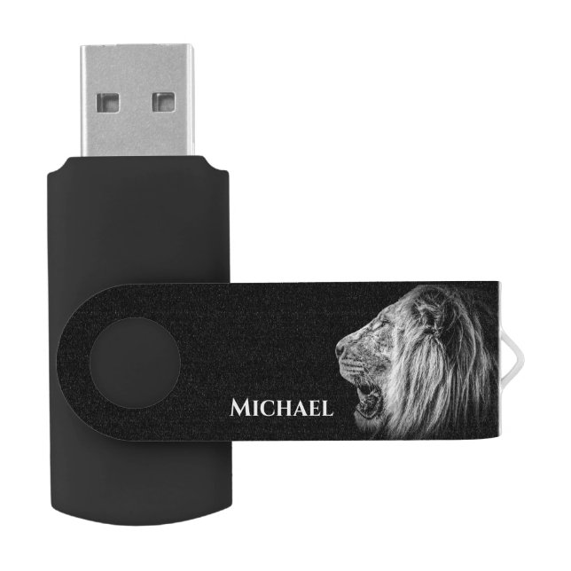 Lion Animal Portrait Personalized Name Flash Drive (Opened)