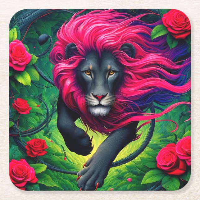 Lion Artwork Square Paper Coaster (Front)