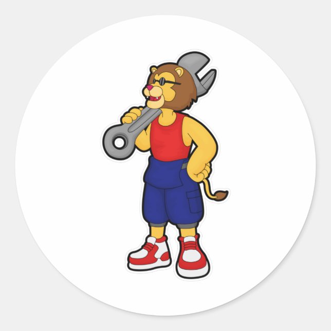 Lion as Mechanic with Wrench Classic Round Sticker (Front)