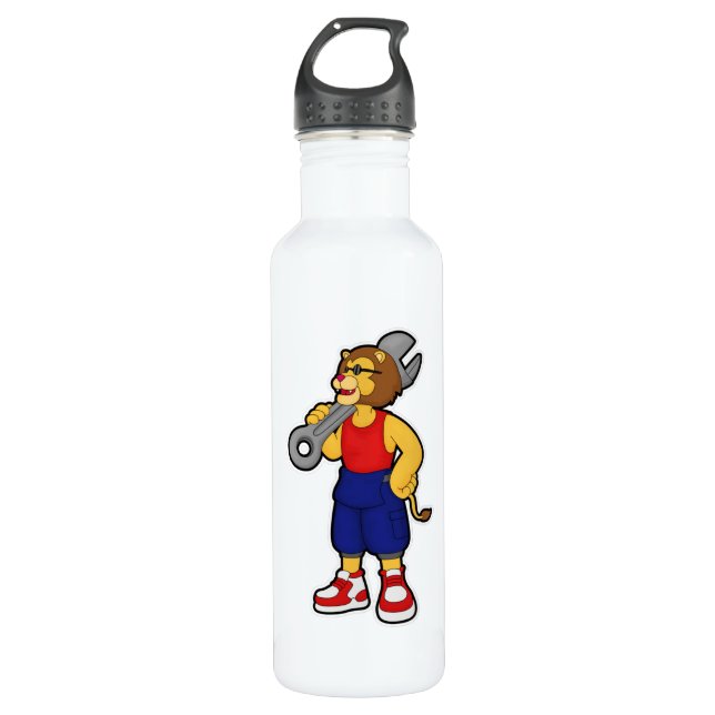Lion as Mechanic with Wrench Stainless Steel Water Bottle (Front)
