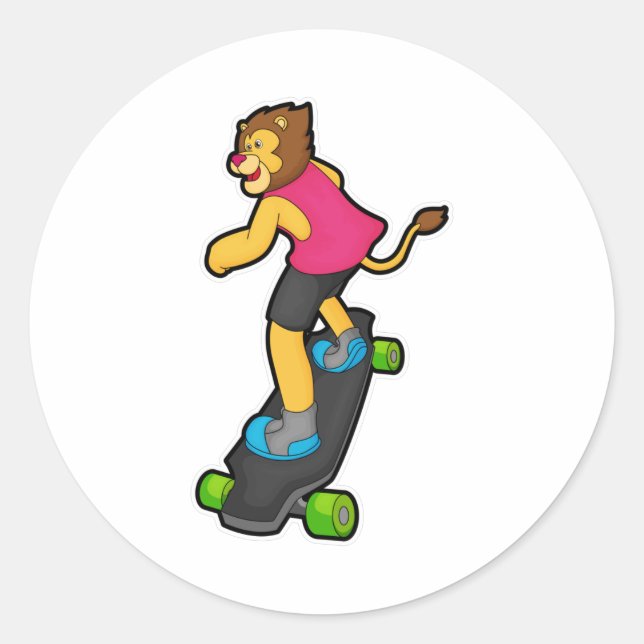 Lion as Skateboarder with Skateboard Classic Round Sticker (Front)
