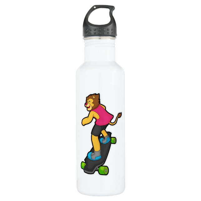 Lion as Skateboarder with Skateboard Stainless Steel Water Bottle (Front)