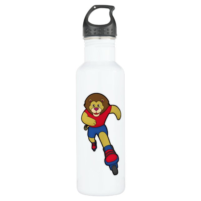 Lion as Skater with Inline skates Stainless Steel Water Bottle (Front)