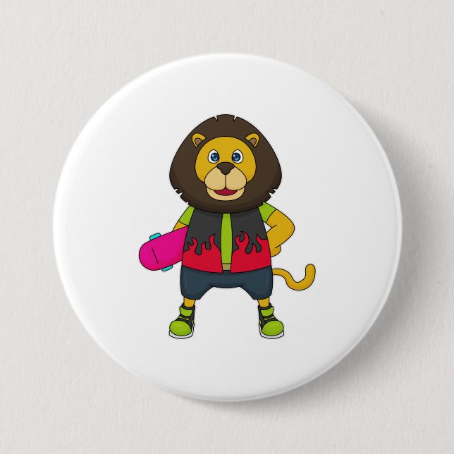Lion as Skater with Skateboard Button (Front)