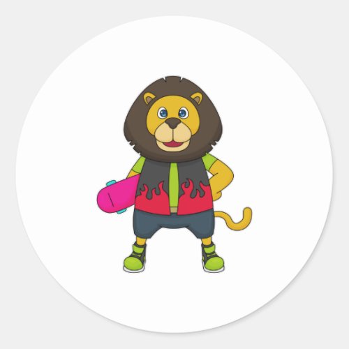 Lion as Skater with Skateboard Classic Round Sticker