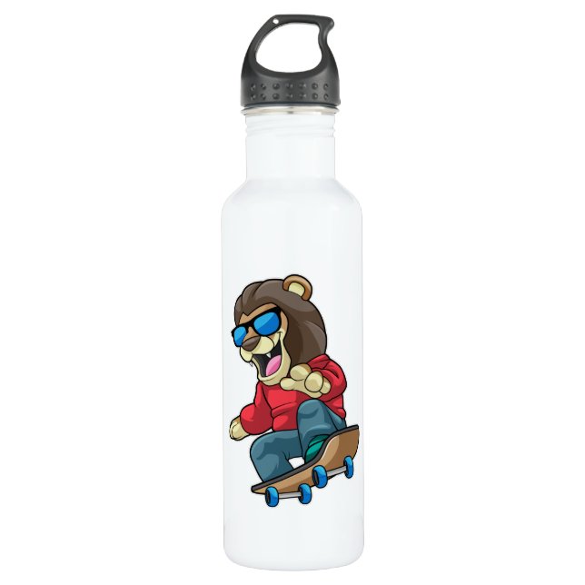 Lion as Skater with Skateboard Stainless Steel Water Bottle (Front)
