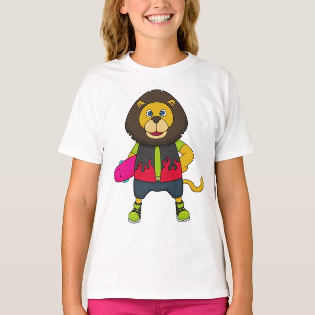Lion as Skater with Skateboard T-Shirt (Front)