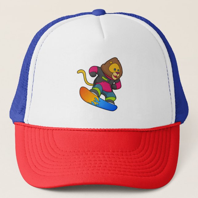 Lion as Snowboarder with Snowboard Trucker Hat (Front)