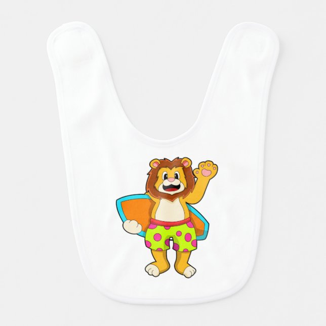 Lion as Surfer with Surfboard Baby Bib (Front)