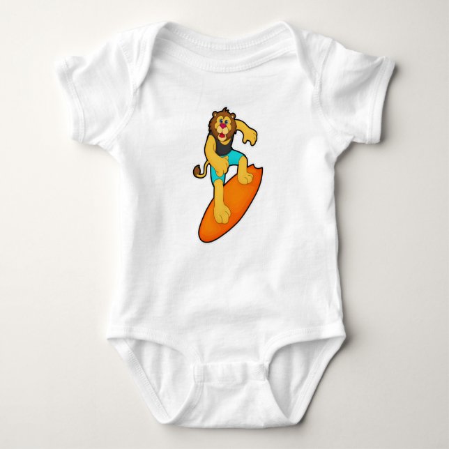 Lion as Surfer with Surfboard Baby Bodysuit (Front)