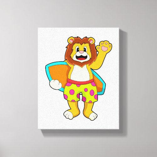 Lion as Surfer with Surfboard Canvas Print