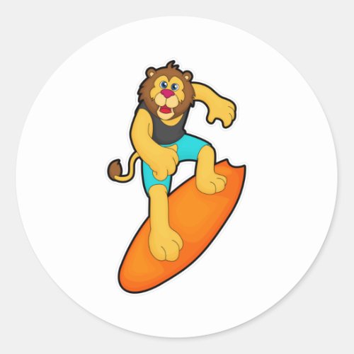 Lion as Surfer with Surfboard Classic Round Sticker