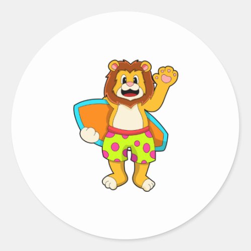 Lion as Surfer with Surfboard Classic Round Sticker