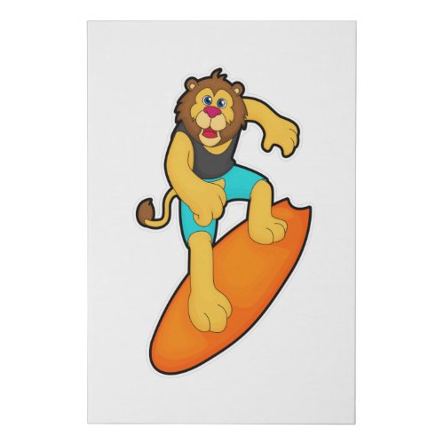 Lion as Surfer with Surfboard Faux Canvas Print