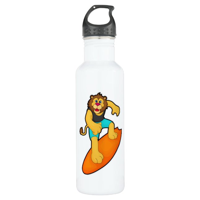 Lion as Surfer with Surfboard Stainless Steel Water Bottle (Front)