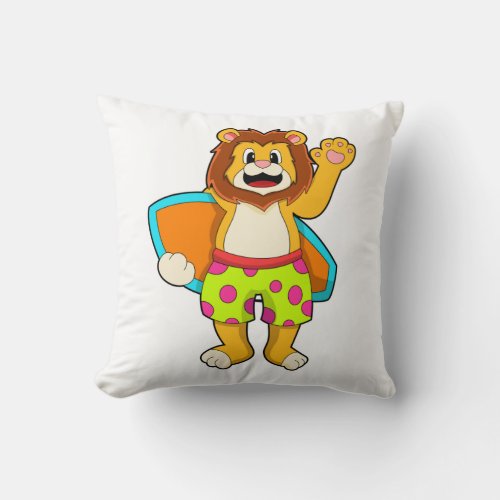 Lion as Surfer with Surfboard Throw Pillow