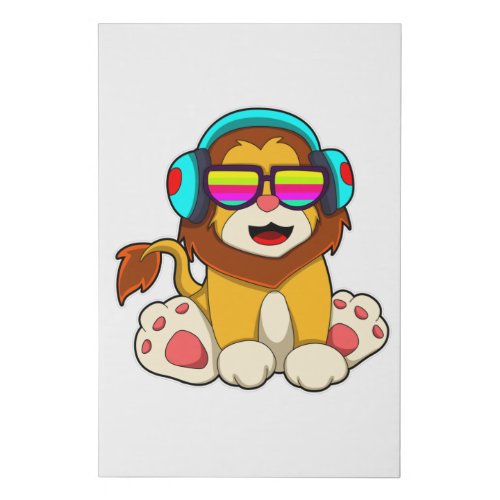 Lion at Music with Headphone  Glasses Faux Canvas Print