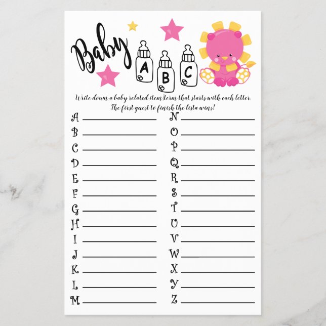 LION BABY ABC BABY SHOWER GAME CARD FLYER (Front)