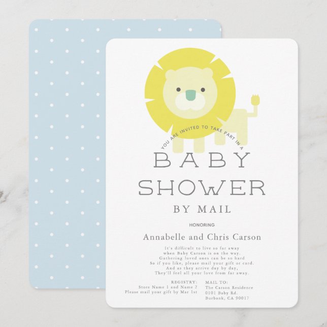 Lion Baby Blue Boy Baby Shower by Mail Invitation (Front/Back)