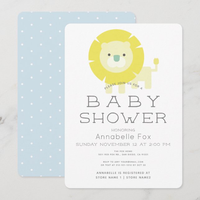 Lion Baby Blue Boy Baby Shower Invitation (Front/Back)