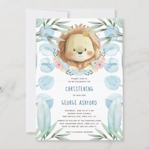 Lion Baby Boy Christening Invitation