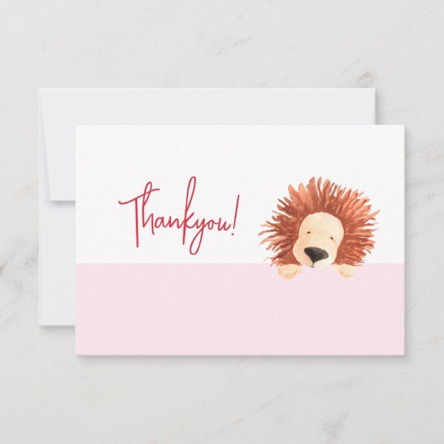 Lion Baby Pink 1st Birthday Thank You Card (Front)