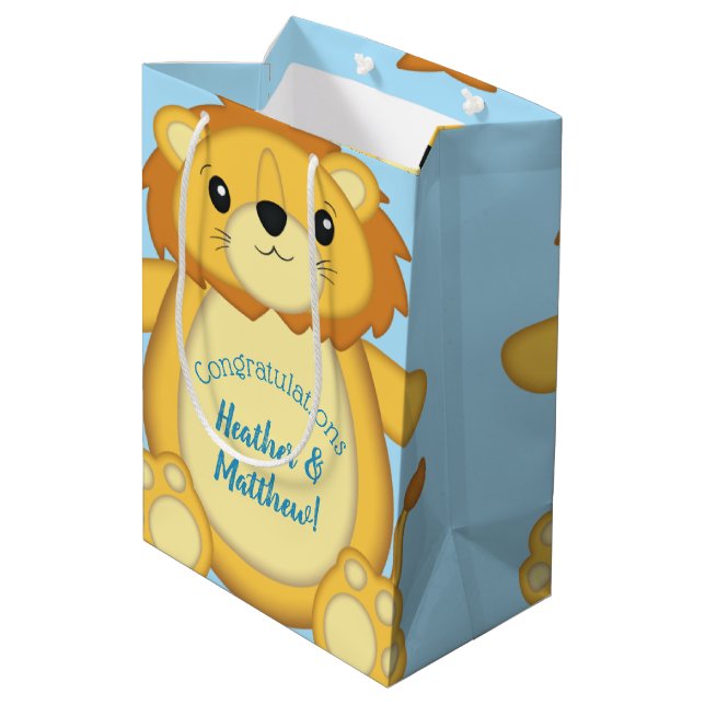 Lion Baby Shower Blue Medium Gift Bag (Back Angled)