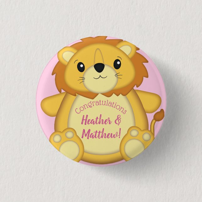 Lion Baby Shower Pink Button (Front)