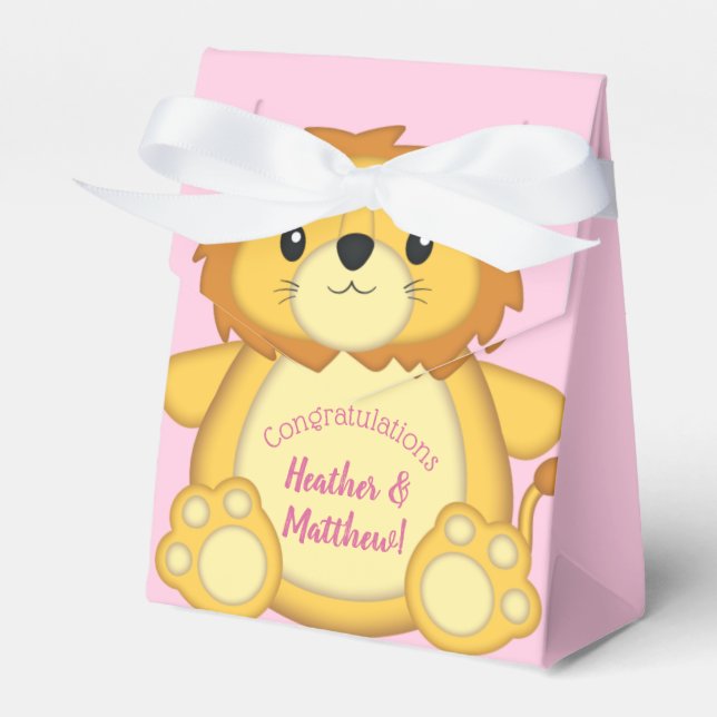 Lion Baby Shower Pink Favor Boxes (Front Side)