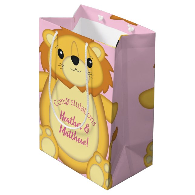 Lion Baby Shower Pink Medium Gift Bag (Back Angled)