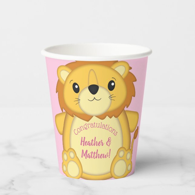 Lion Baby Shower Pink Paper Cups (Front)